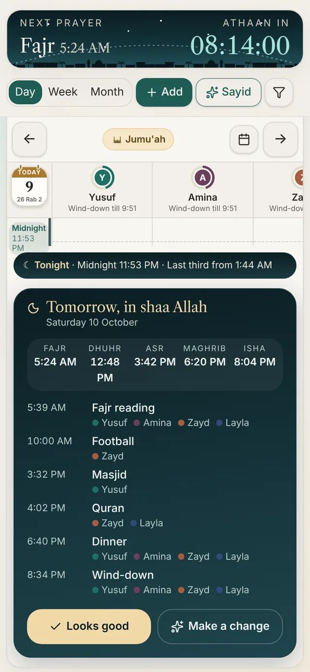Bayty's Tomorrow card: the next day's five prayer times and each family member's plans